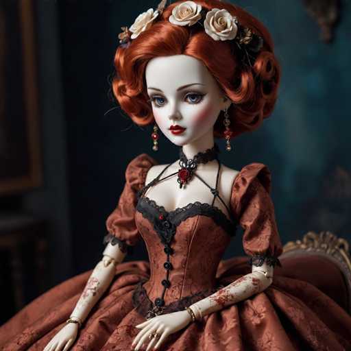 A doll with red hair and a white face is seated on a chair, wearing an ornate dress that includes a corset and lace collar. The doll's hands are placed on her lap in front of her.