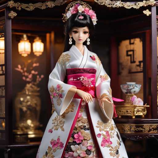 A doll is posed against a backdrop featuring a traditional Chinese room with gold accents and a red wall. The doll wears a white kimono adorned with pink flowers and a matching pink sash, and holds a small vase of flowers in her left hand while wearing a gold headpiece. the doll's right hand rests on a table holding a cup filled with tea leaves.
The doll is positioned centrally against this backdrop, creating an aesthetically pleasing composition that highlights the elegance and grace of traditional Chinese culture.