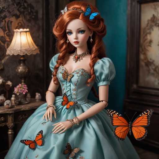 A doll with red hair and a blue dress is seated on a chair in front of a table adorned with flowers and a lamp. The doll has a butterfly necklace around her neck and two butterflies fluttering around her head.