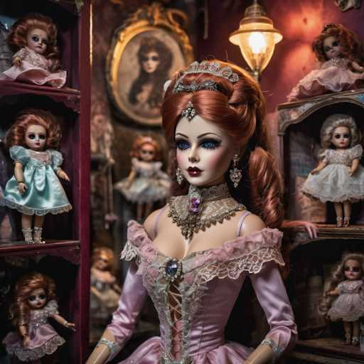 The image depicts a collection of dolls arranged on shelves and stands. The dolls include a doll with long red hair wearing a pink dress and a tiara, as well as other dolls dressed in various outfits. The background features a dark room with a large mirror hanging above the dolls, creating an atmosphere reminiscent of a dollhouse or a vintage setting.