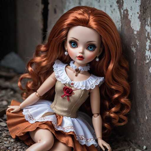 A doll with long red hair and a white dress is sitting on the ground next to a stone wall. The doll has blue eyes and a red nose, and she is wearing a necklace with a heart pendant.