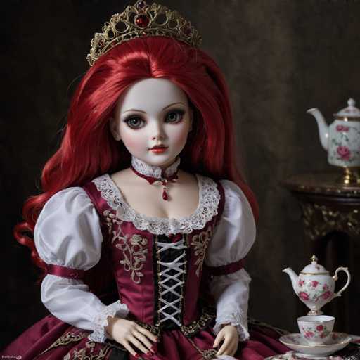 A doll with long red hair and a white dress is seated at a table with a teapot and saucer. The doll's face features a serious expression as she gazes directly into the camera.