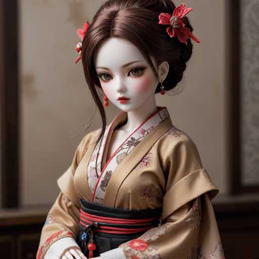 A doll with long brown hair and a red flower on her head is the main subject of this image. She is wearing a traditional Japanese kimono that has a floral pattern and is paired with a black belt cinched at the waist. The doll's pose suggests she might be posing for a photo or simply standing still, as indicated by the blurred background.