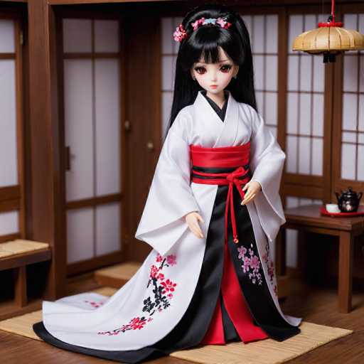 A doll dressed in traditional Japanese attire stands on a wooden floor against the backdrop of a room with a tatami mat and a window.