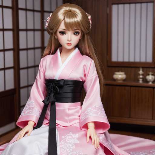 A doll with blonde hair and blue eyes is seated on a wooden bench wearing a pink kimono with white floral designs. The doll's pose suggests she is posing for the camera.