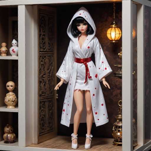 A doll with black hair and a red belt is standing on her tiptoes against the backdrop of a white door frame adorned with gold accents. The doll's outfit consists of a white robe with red stars and a matching red headband. A gold lamp hangs from the ceiling, casting a warm glow over the scene.