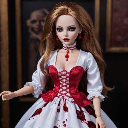 A doll with long brown hair and a red dress is posed against a dark background. The doll has a red collar and a red ribbon around her neck, and she is wearing a white dress with red spots on it.