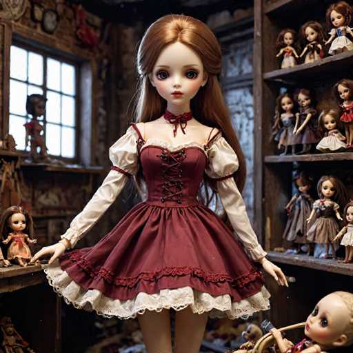 A doll with long brown hair and a red dress stands on her tiptoes in front of a window, with other dolls arranged around her.