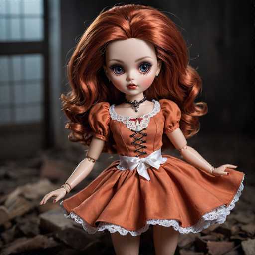 A doll with red hair and an orange dress stands on a pile of rocks against a dark background.