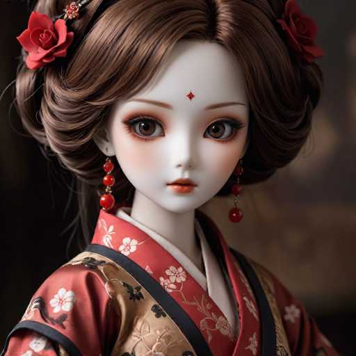 The image shows a doll with long brown hair and red flowers on her head. She is wearing a traditional Japanese kimono with a floral pattern of pink and white colors. The doll has dark brown eyes and a small nose, giving her a classic and elegant appearance.