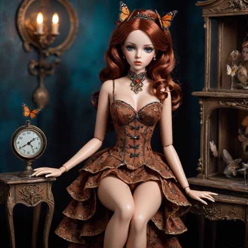 A doll with red hair and a brown dress is seated on a table, wearing a tiara and surrounded by butterflies. The doll's position suggests she is the center of attention, possibly in a room filled with other dolls or figurines.