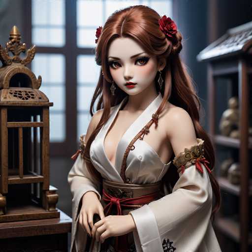 The image shows a doll with long red hair and a white dress standing next to a gold birdcage on a wooden shelf. The doll is wearing a red headband adorned with flowers and has a red nose.