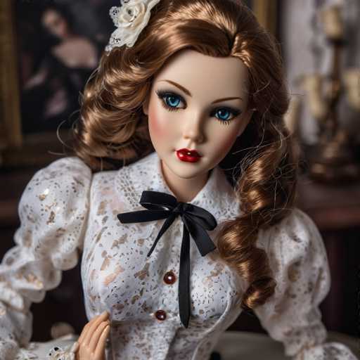 A doll with long brown hair and blue eyes is posed against a backdrop featuring a painting of a woman wearing a white dress and a black bowtie. The doll's outfit consists of a white blouse adorned with gold lace sleeves and a black tie.