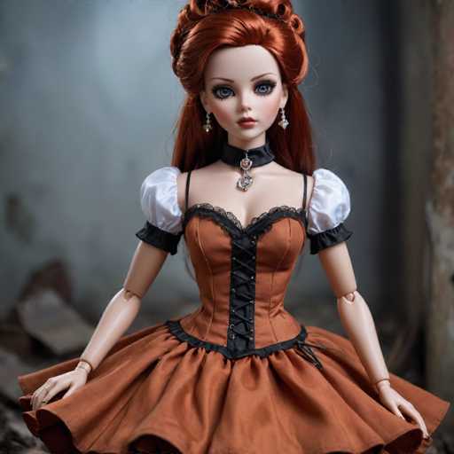 A doll with long red hair and a brown dress is posed against a gray wall backdrop. The doll has a black and white lace collar and a gold necklace.