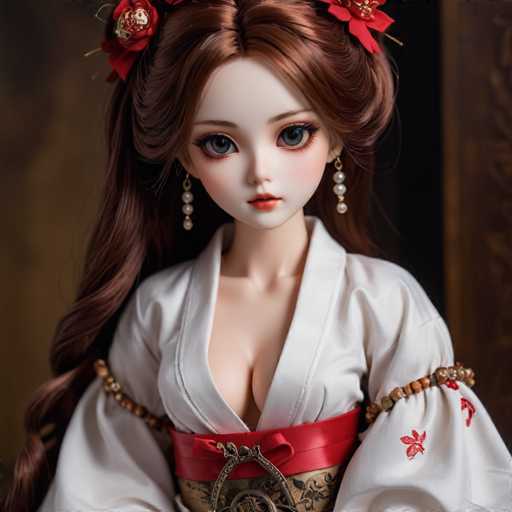 The image shows a doll with long brown hair wearing a white dress and red sash around her waist. The doll has large blue eyes and is looking directly at the camera.