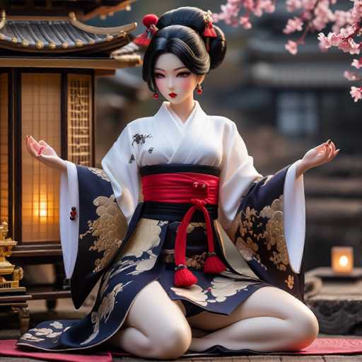 A figurine of a woman dressed in traditional Japanese attire is seated on the ground with her legs crossed and hands resting on her lap. The figurine has dark hair styled into an updo and is wearing a red and gold kimono with a black sash around her waist, which features a white belt adorned with gold accents.
The setting appears to be a traditional Japanese garden or temple, as indicated by the presence of cherry blossom trees in the background.