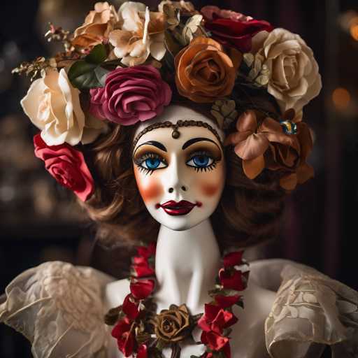 A white mannequin head is adorned with a vibrant and intricate flower crown made of red roses, gold leaves, and other flowers. The mannequin's face features a striking red lipstick and blue eyes that are accentuated by a bold red winged eyeliner.