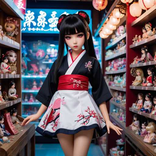 A young girl with black hair and red hair bands stands in front of a store window filled with dolls and other toys. She is wearing a traditional Japanese kimono with a white blouse adorned with red flowers on the sleeves. The store window behind her displays an array of dolls, including one dressed as a geisha.