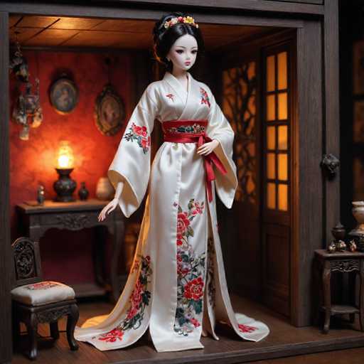 A doll is standing in front of a wooden door with a red curtain and a window that has a white frame. The doll is wearing a traditional Japanese kimono with a floral pattern on the skirt and a red sash around her waist. She is also wearing a flower crown on her head, which adds to the elegance of her appearance.