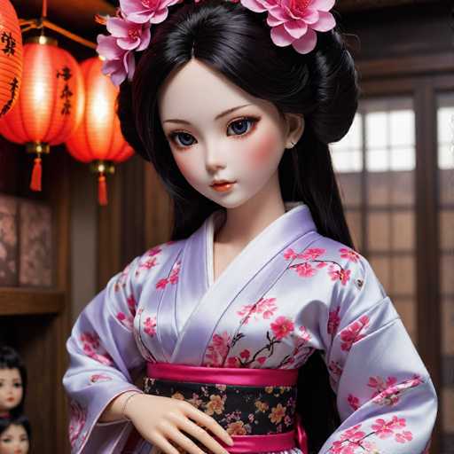 A doll is posed against a backdrop featuring red lanterns and traditional Japanese architecture. The doll wears a white kimono with pink flowers on the sleeves and a matching pink sash around her waist. She has long dark hair styled in an elegant updo, and she holds a small object in her hand.