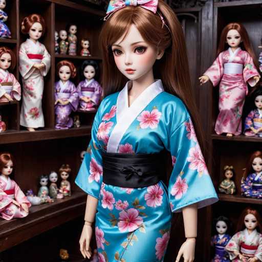 The image shows a doll wearing a blue kimono with pink flowers and a black sash, standing on a wooden shelf surrounded by other dolls dressed in traditional Japanese clothing. The dolls appear to be posed for the camera, creating an atmosphere of cultural appreciation and interest.