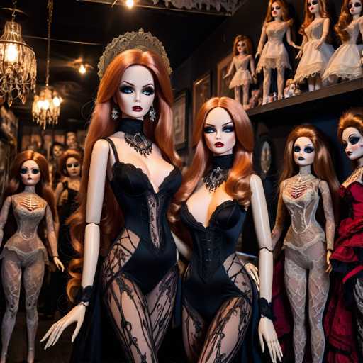 The image shows two dolls standing side by side on a shelf with other dolls behind them. The doll on the left is wearing a black dress and has long red hair styled in an updo. The doll on the right is wearing a white dress and also has long red hair styled in an updo. Both dolls are wearing crowns, adding to their regal appearance.