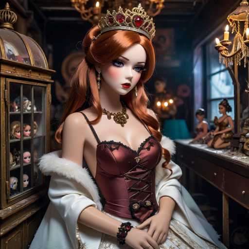 A woman with red hair and a gold crown stands in front of a mirror, wearing a white dress and holding a red clutch purse. Behind her is a display case filled with dolls, including one dressed as a princess.