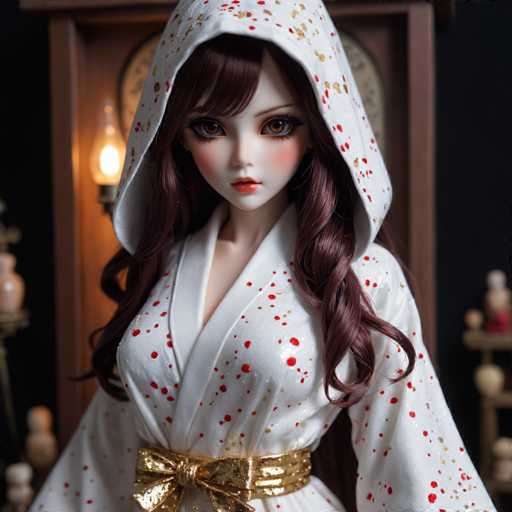 A doll with long brown hair wearing a white hooded jacket and gold accents is the main subject of this image. The background features a dark wood paneling wall and a clock on the wall.