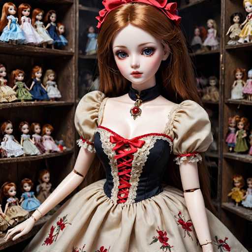 A doll with long brown hair and a red ribbon around her neck is standing on a shelf filled with other dolls. The doll has a dress that features flowers and a bow at the waist.