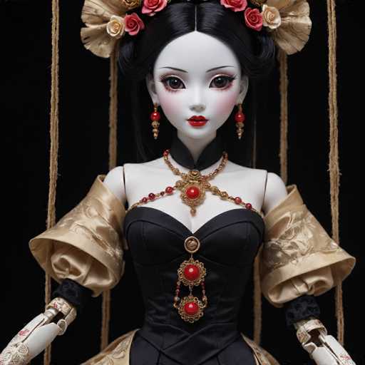 A doll with black hair and a white face is posed against a stark black background. The doll wears a gold dress adorned with red jewels and has a red headpiece. A gold necklace and earrings complete the ensemble.