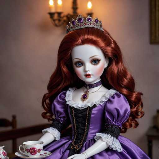 A doll with long red hair wearing a purple dress and a tiara sits at a table holding a cup of tea.