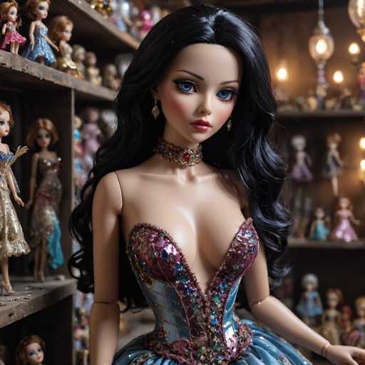 A woman with long dark hair wearing a blue dress and gold earrings stands in front of a shelf filled with dolls and figurines.