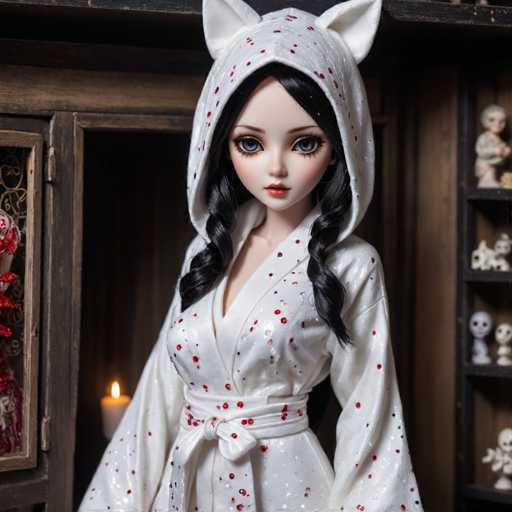 The image shows a doll with black hair and striking blue eyes wearing a white hooded robe adorned with red dots. The doll is standing against the backdrop of a wooden cabinet filled with various figurines and knick-knacks. A lit candle can be seen on the left side of the frame, adding an element of warmth to the scene.