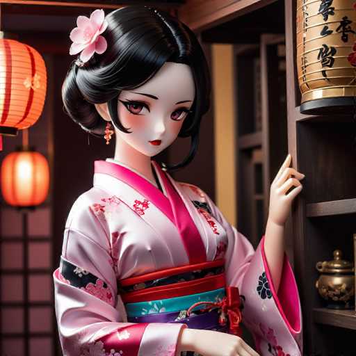 A doll with black hair and a pink flower on her head is standing next to a wooden shelf filled with various items including a gold teapot and a small vase. The doll is wearing a traditional Japanese kimono with a red and blue sash around the waist, and she has dark hair styled in an updo.