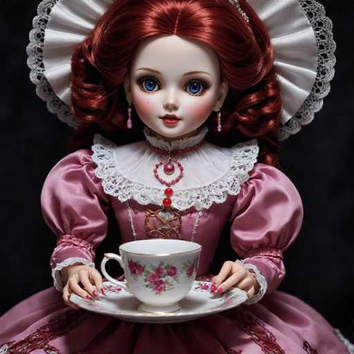 A doll with red hair and a pink dress is holding a white cup adorned with pink flowers on a saucer against a black background.