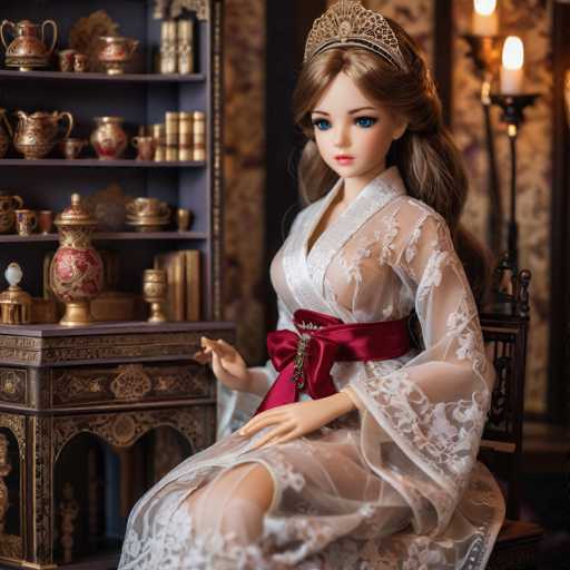 A doll is seated on a chair with a white dress and red sash around her waist. The doll's hair is styled in loose waves, and she wears a gold tiara that shines against the light. Behind the doll are shelves filled with various items including vases of different shapes and sizes, books, and other knick-knacks.