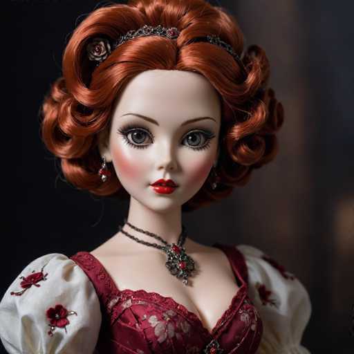 A doll with red hair styled in curls and wearing a white dress with a floral pattern is the main subject of this image. The doll has a red headband and earrings that match her outfit. She is positioned against a black background, which contrasts with her vibrant appearance.