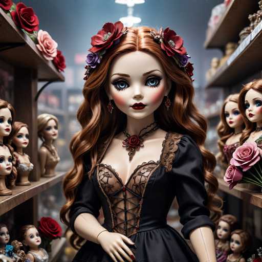 The image shows a doll with long red hair and blue eyes standing on a shelf filled with dolls of various sizes and colors. The doll is wearing a black dress with lace detailing and has a large rose pinned to her hair.