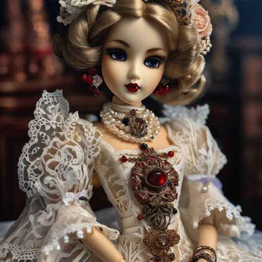 A doll with blonde hair and blue eyes is dressed in a white dress adorned with lace sleeves and a red brooch on her chest. The doll's face features a pair of large, expressive blue eyes that seem to gaze directly into the camera. The doll is positioned against a dark background, which contrasts with its light-colored attire and accentuates its features.