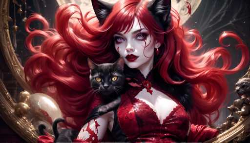 The image depicts a woman with red hair and striking makeup wearing a red dress and holding a black cat. The background is dark and features a large mirror that reflects the woman and her feline companion.