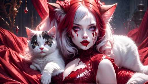 The image depicts a woman with red hair and white makeup wearing a red dress, sitting on a bed next to a cat. The background is dark and features a red curtain.