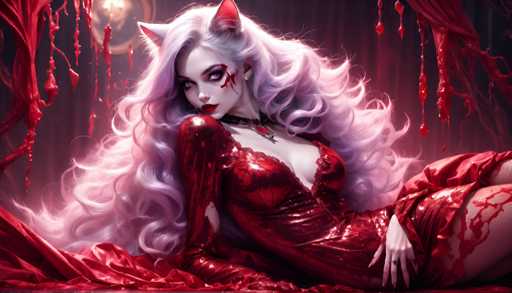 The image depicts a woman with long blonde hair wearing a red dress and makeup, lying on her back with her arms crossed over her chest. The background is dark and features red blood splatters, giving the impression of a scene from a horror movie or a gothic-themed painting.