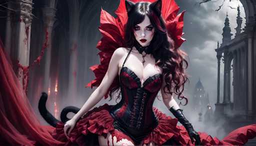 The image depicts a woman dressed in a red and black outfit with a cat's tail wrapped around her waist. She is wearing a corset and has long hair styled in an updo. The background features a Gothic-style building with stained glass windows, suggesting the scene may be set in a Gothic cathedral or castle.