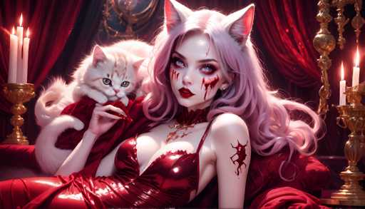 The image depicts a woman with pink hair and red lipstick sitting on a couch next to a white cat wearing a gold collar. The background features a red curtain and two candles, creating an atmosphere of mystery or intrigue.