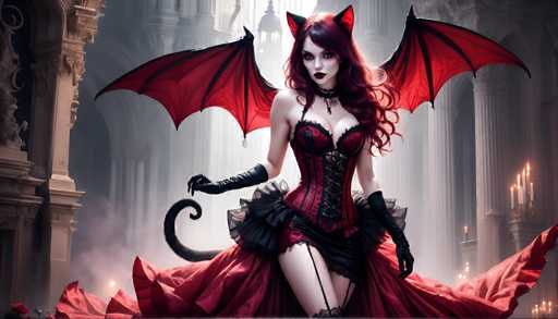 The image depicts a woman with red hair and long sleeves dressed in a corset and gothic-style dress, standing against a dark background that includes a castle or cathedral. The woman is holding a cat's tail, which adds to the gothic atmosphere of the scene.