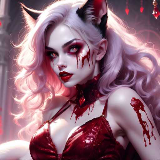 The image depicts a woman with long blonde hair and red lipstick wearing a red dress that has blood stains on it. The background is dark and features a cat's face and a castle-like structure.