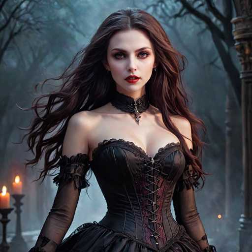 A woman with long brown hair and a black corset stands in front of a dark forest, wearing a red lipstick and a necklace with a pendant. The background is shrouded in darkness, creating an eerie atmosphere.