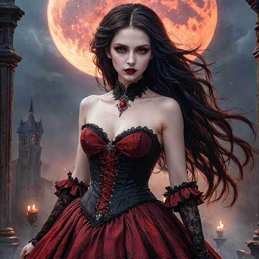 A woman with long dark hair is standing in front of a castle-like structure, wearing a red dress and a black corset. She has striking blue eyes that contrast against her dark makeup. The background features an orange sky with a full moon, creating a dramatic effect.