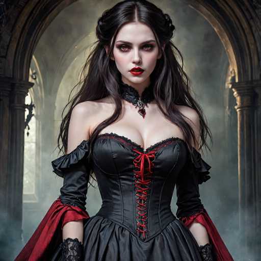 A woman with long dark hair and a red lipstick stands in front of an archway, wearing a black corset with a red ribbon around her neck and a matching red cape draped over her shoulders.