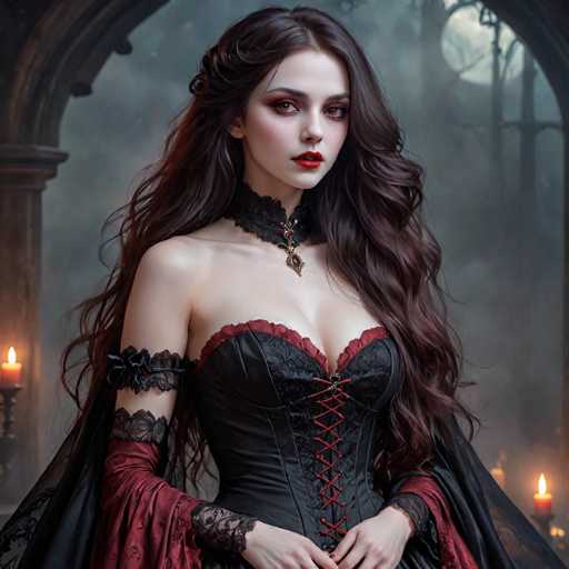 A woman with long brown hair wearing a black corset and red cape stands in front of an archway, holding a candle. The background is dark and shrouded in fog, creating an eerie atmosphere.